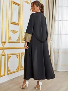 Al Najma Gold Trim Open Front Belted Abaya - Black - View 2