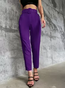 Aveloria Solid Belted Tapered Trousers - Purple - View 6