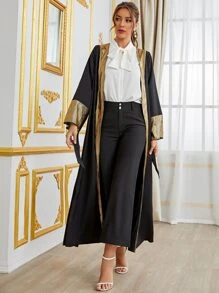 Al Najma Gold Trim Open Front Belted Abaya - Black - View 3