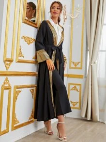 Al Najma Gold Trim Open Front Belted Abaya - Black - View 6