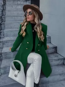 GENKIRA Lapel Collar Double Breasted Overcoat Workwear - Dark Green - View 4