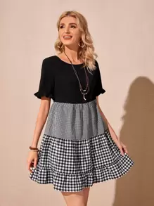 SHEIN LUNE Ruffle Trim Gingham Panel Smock Dress - Black and White - View 1