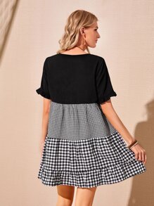 SHEIN LUNE Ruffle Trim Gingham Panel Smock Dress - Black and White - View 2