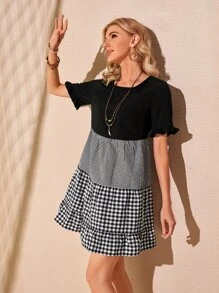 SHEIN LUNE Ruffle Trim Gingham Panel Smock Dress - Black and White - View 4