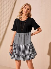 SHEIN LUNE Ruffle Trim Gingham Panel Smock Dress - Black and White - View 5