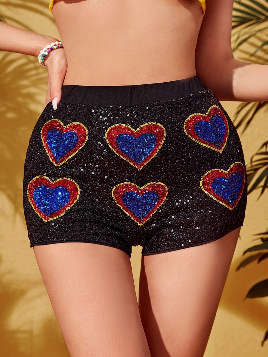 SHEIN Elastic Waist Heart Print Sequins Shorts - Multicolor - View 1