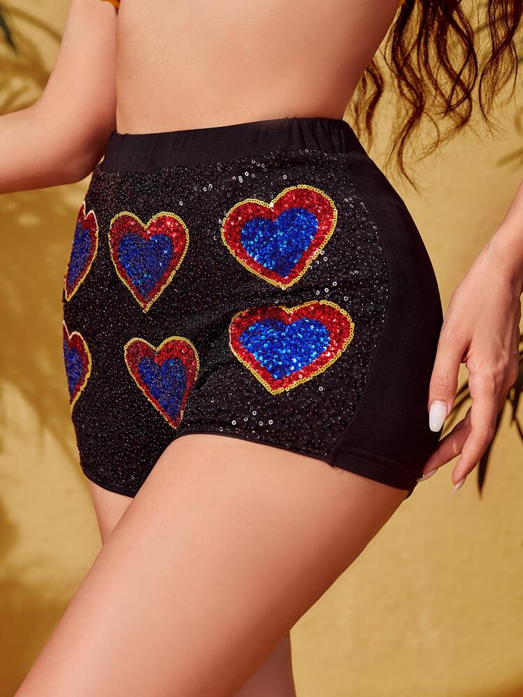 SHEIN Shorts de cintura elástica con estampado de corazón con lentejuelas - Multicolor - Añade 4