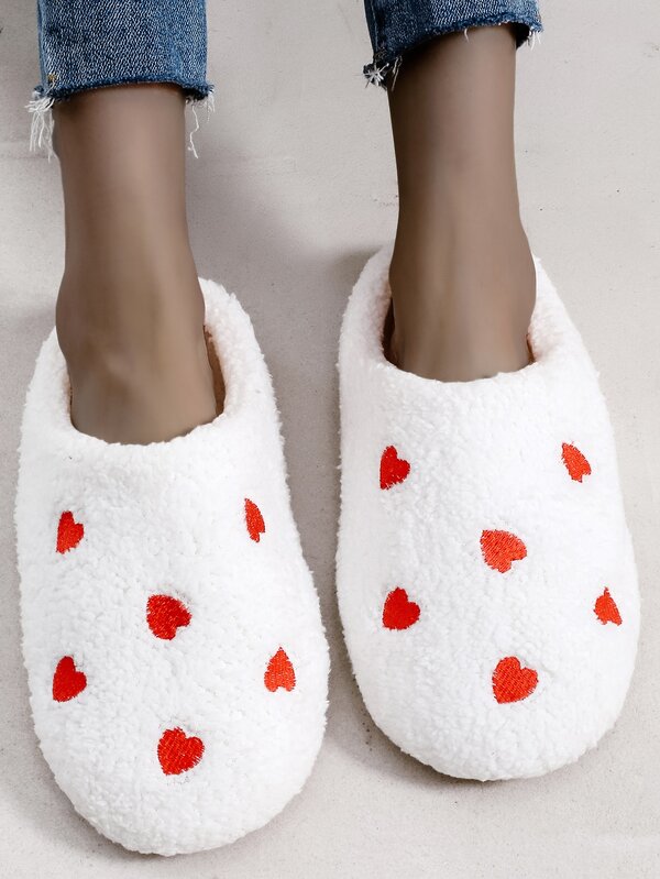 Heart Embroidery Fluffy Bedroom Slippers SHEIN UK