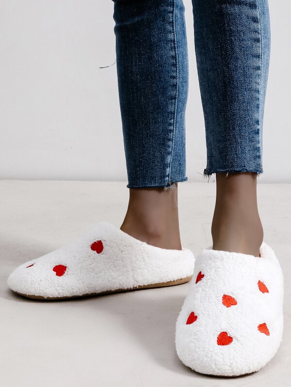 Heart Embroidery Fluffy Bedroom Slippers SHEIN UK