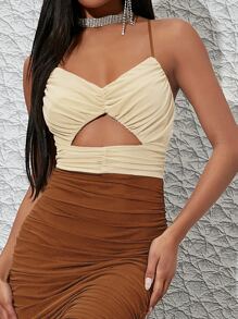 Cut Out Front Two-Tone Mesh Midi Split Thigh Dress - Multicolor - View 3