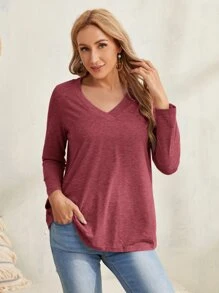 EMERY ROSE 素色V領長袖T恤 - 紅木色 - 查看 1