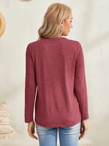 EMERY ROSE 素色V領長袖T恤 - 紅木色 - 查看 2