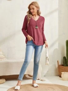 EMERY ROSE 素色V領長袖T恤 - 紅木色 - 查看 3
