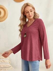 EMERY ROSE 素色V領長袖T恤 - 紅木色 - 查看 5