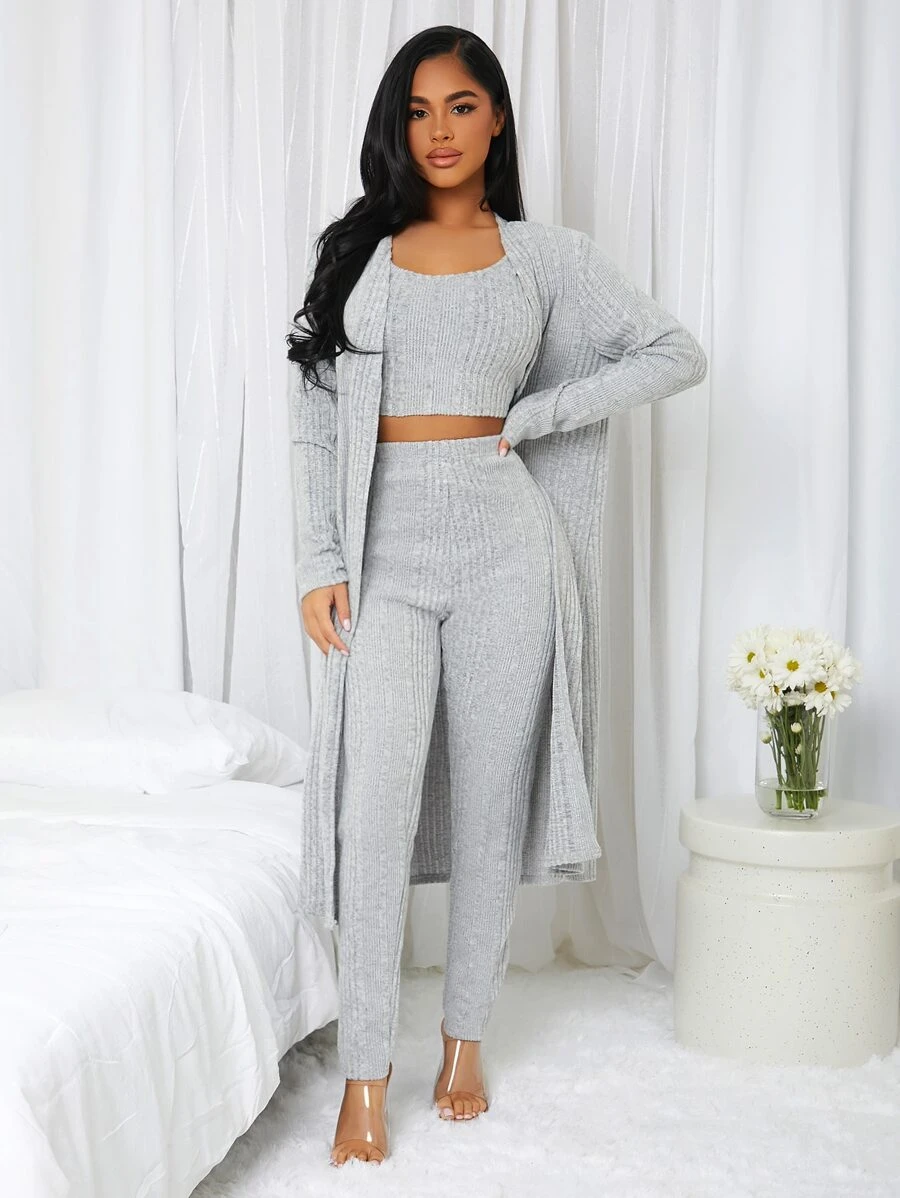 Solid 3pcs Ribbed Knit Lounge Set - Light Grey - View 1