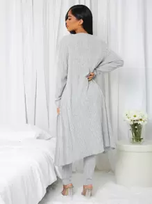 Solid 3pcs Ribbed Knit Lounge Set - Light Grey - View 2