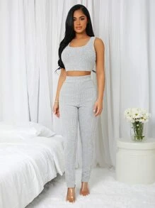Solid 3pcs Ribbed Knit Lounge Set - Light Grey - View 5