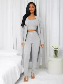 Solid 3pcs Ribbed Knit Lounge Set - Light Grey - View 6