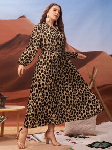 Modelyn 加大豹纹灯笼袖系带衬衫裙长款女装