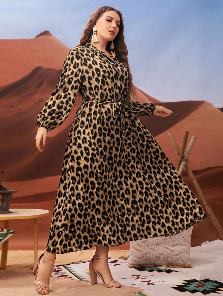 Modelyn 加大豹纹灯笼袖系带衬衫裙长款女装