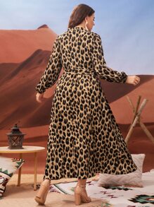 Modelyn 加大豹纹灯笼袖系带衬衫裙长款女装