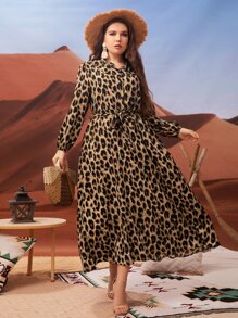 Modelyn 加大豹纹灯笼袖系带衬衫裙长款女装