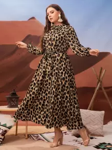 Modelyn 加大豹纹灯笼袖系带衬衫裙长款女装