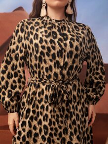 Modelyn 加大豹纹灯笼袖系带衬衫裙长款女装