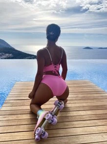 仿珍珠肩带贝壳设计比基尼夏日海滩 - 粉色 - 查看 3