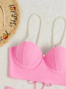 仿珍珠肩带贝壳设计比基尼夏日海滩 - 粉色 - 查看 4