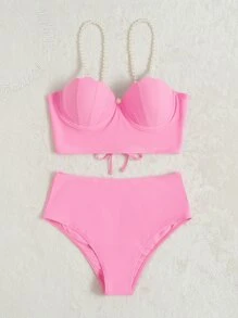 仿珍珠肩带贝壳设计比基尼夏日海滩 - 粉色 - 查看 5