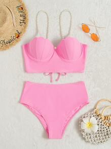 仿珍珠肩带贝壳设计比基尼夏日海滩 - 粉色 - 查看 7