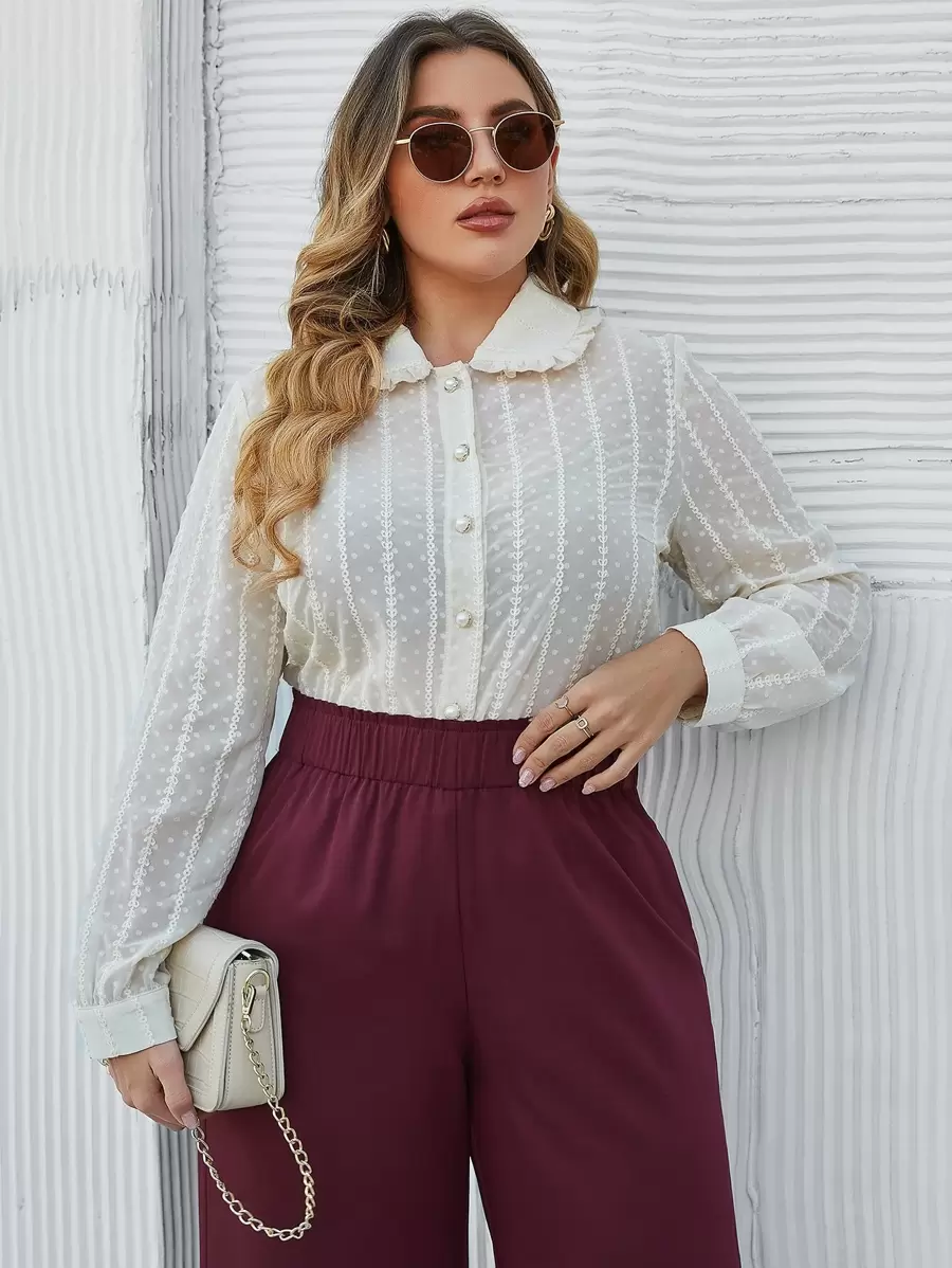 SHEIN LUNE Áo sơ mi Plus Size viền lá sen Nút phía trước màu trơn Thanh lịch - Màu be - Xem 1