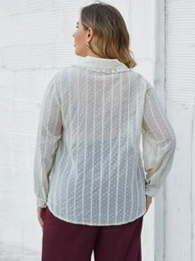 SHEIN LUNE Áo sơ mi Plus Size viền lá sen Nút phía trước màu trơn Thanh lịch - Màu be - Xem 2