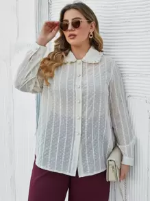 SHEIN LUNE Áo sơ mi Plus Size viền lá sen Nút phía trước màu trơn Thanh lịch - Màu be - Xem 4