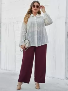 SHEIN LUNE Áo sơ mi Plus Size viền lá sen Nút phía trước màu trơn Thanh lịch - Màu be - Xem 3