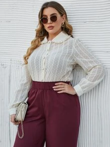 SHEIN LUNE Áo sơ mi Plus Size viền lá sen Nút phía trước màu trơn Thanh lịch - Màu be - Xem 5
