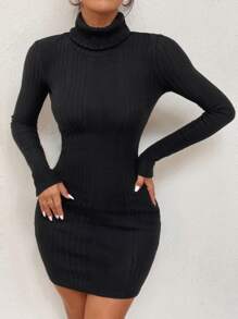 條紋針織高領緊身洋裝 - 黑色 - 查看 1