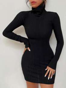 條紋針織高領緊身洋裝 - 黑色 - 查看 5