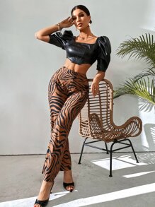 Pantalones de rayas de cebra con bolsillo oblicuo - Café integral - Ver 1