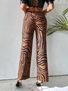 Pantalones de rayas de cebra con bolsillo oblicuo - Café integral - Ver 2