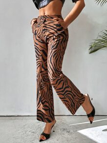 Pantalones de rayas de cebra con bolsillo oblicuo - Café integral - Ver 3