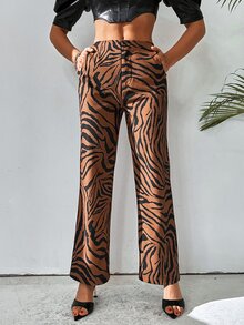 Pantalones de rayas de cebra con bolsillo oblicuo - Café integral - Ver 4