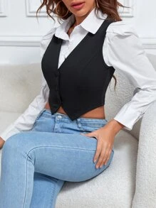 SHEIN Essnce 1pc Single Breasted Vest Blazer - Black - View 1