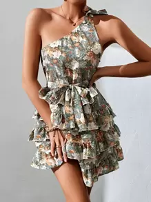 GENKIRA Đầm Thắt lưng Thắt nút Xù phân lớp Hoa Tất cả trên in Boho - Nhiều màu - Xem 4