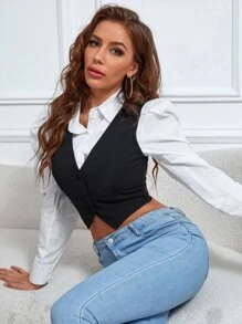 SHEIN Essnce 1pc Single Breasted Vest Blazer - Black - View 5