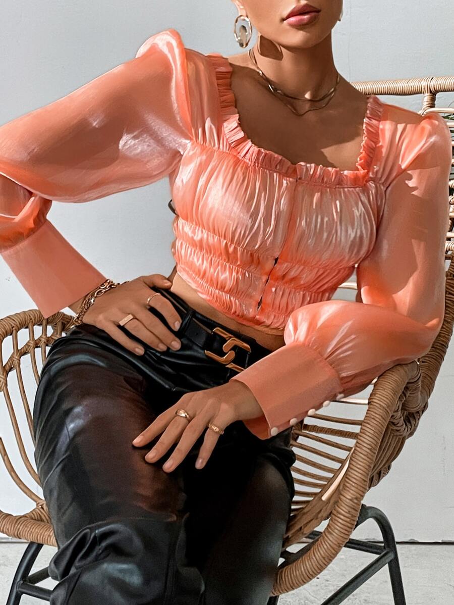 Blusa pecho con fruncido ribete con fruncido corto brillante - Naranja - Ver 1