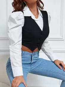 SHEIN Essnce 1pc Single Breasted Vest Blazer - Black - View 6