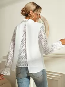 SHEIN Frenchy 蕾絲拼接荷葉袖木耳邊領襯衫 - 白色 - 查看 1