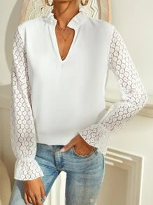 SHEIN Frenchy 蕾絲拼接荷葉袖木耳邊領襯衫 - 白色 - 查看 2